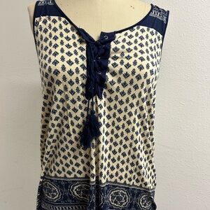 Blue and Cream Tie Front Blouse with Geometric Print